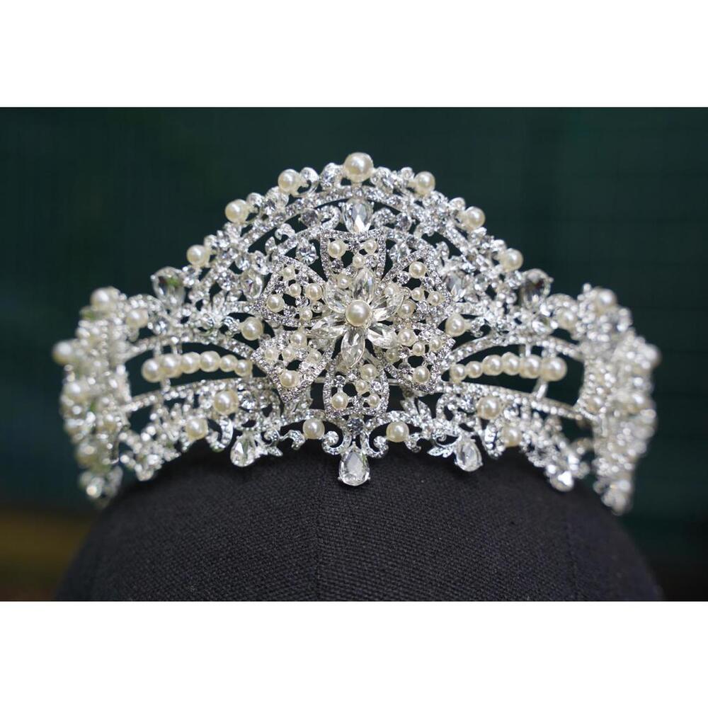 Silver Crystal Tiara Pearl Bridal Crown Birthday Wedding Gift Diadem Vintage